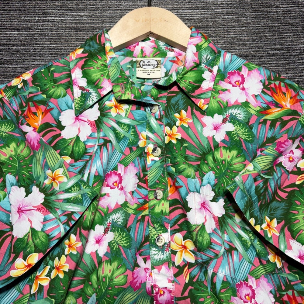 Go Barefoot Shirt Women M Green Floral SS Hawaiian Aloha Tropical Made in USA